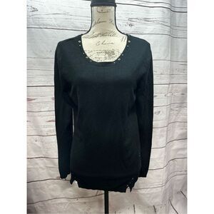 Spanner Black Long‎ Sleeve Top Studded Scoop Neck Casual Layering Blouse Medium